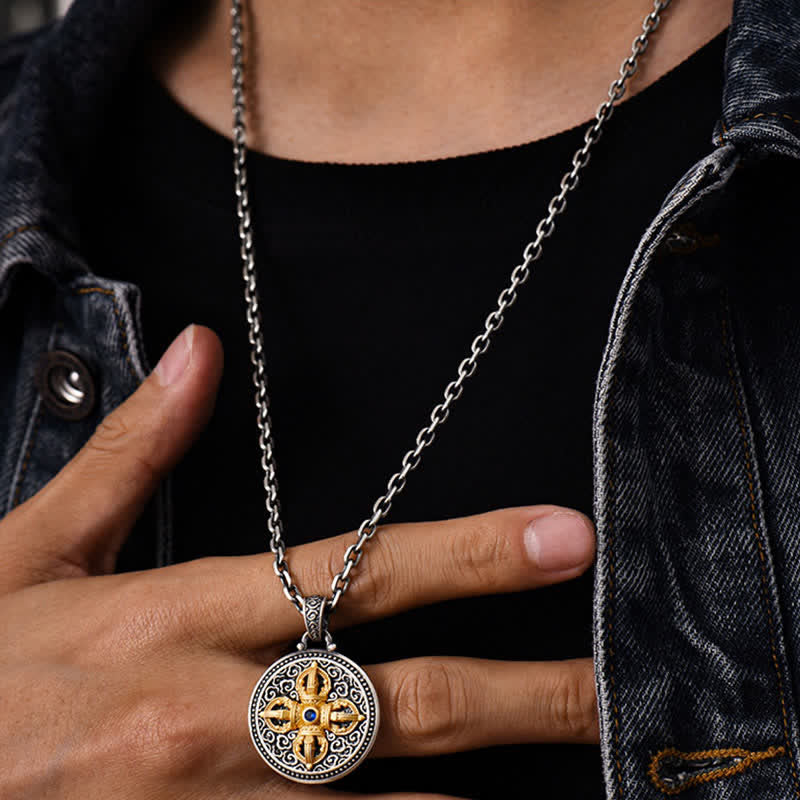 Buddha Stones Collana con ciondolo rotondo in rame tibetano con simbolo Vajra incrociato Om Mani Padme Hum, simbolo di saggezza e radicamento. - image 8
