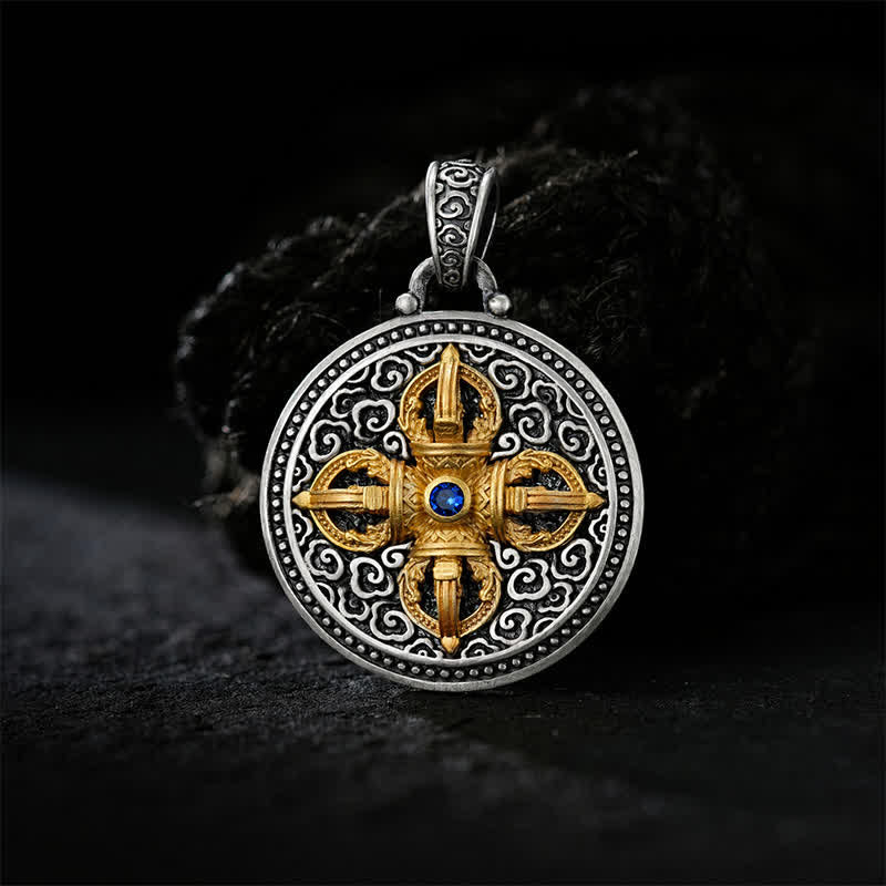 Buddha Stones Collana con ciondolo rotondo in rame tibetano con simbolo Vajra incrociato Om Mani Padme Hum, simbolo di saggezza e radicamento. - image 1