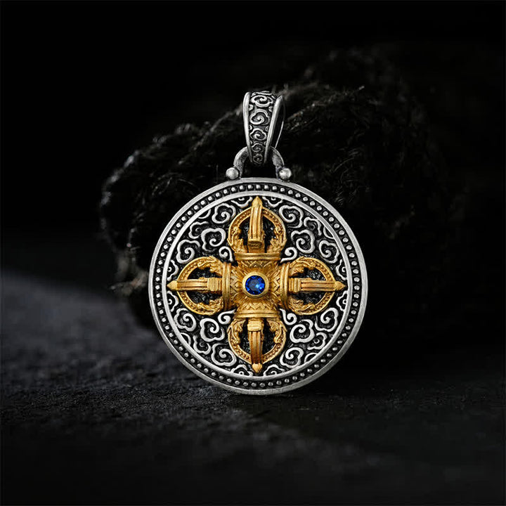 Buddha Stones Collana con ciondolo rotondo in rame tibetano con simbolo Vajra incrociato Om Mani Padme Hum, simbolo di saggezza e radicamento. - image 1
