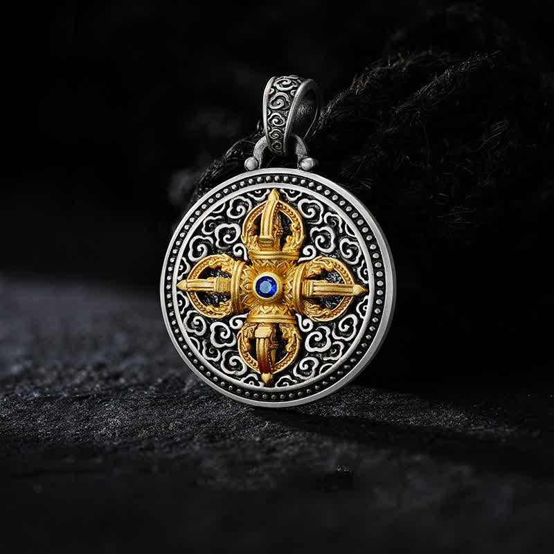 Buddha Stones Collana con ciondolo rotondo in rame tibetano con simbolo Vajra incrociato Om Mani Padme Hum, simbolo di saggezza e radicamento. - Vajra Om Mani Padme Hum - image 0