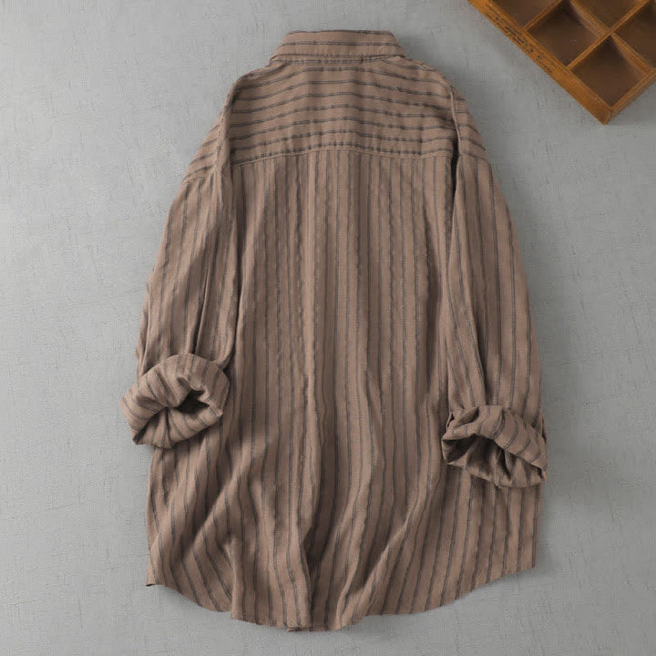Buddha Stones Camicia da donna a maniche lunghe a righe, stile vintage, con bottoni, ideale per primavera e autunno, con taschino applicato. - image 1