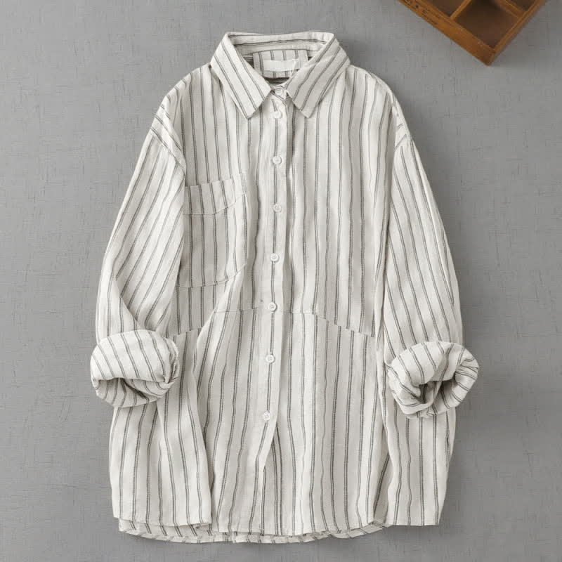 Buddha Stones Camicia da donna a maniche lunghe a righe, stile vintage, con bottoni, ideale per primavera e autunno, con taschino applicato. - Biancheria - US8-10, UK/AU12-14, EU40-42 (2XL) - image 4