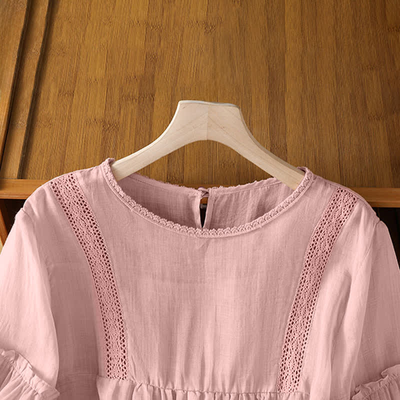 Buddha Stones T-shirt da donna a maniche corte, elegante e casual, con scollo rotondo e bordo in pizzo, ideale per l'estate. - image 3