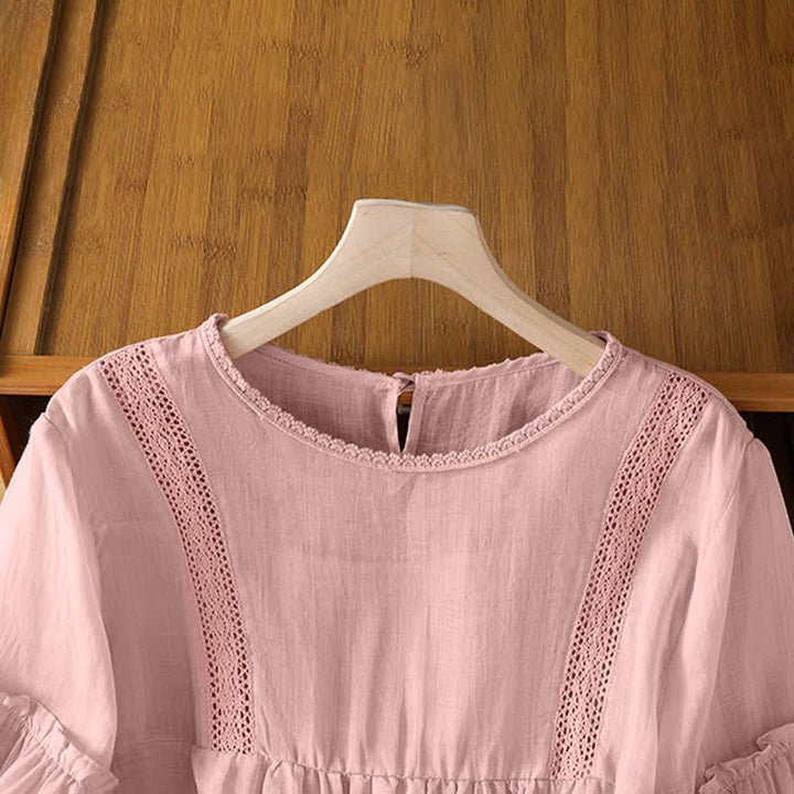 Buddha Stones T-shirt da donna a maniche corte, elegante e casual, con scollo rotondo e bordo in pizzo, ideale per l'estate. - image 3
