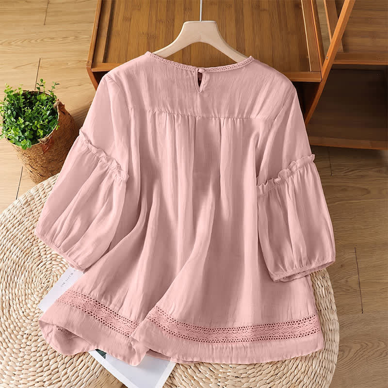 Buddha Stones T-shirt da donna a maniche corte, elegante e casual, con scollo rotondo e bordo in pizzo, ideale per l'estate. - image 1