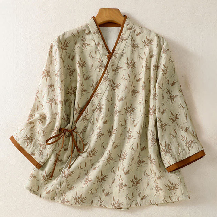 Buddha Stones Camicie da donna a maniche a tre quarti, stile Tang, casual, primavera/estate, con stampa a foglie. - Beige - US8-10, UK/AU12-14, EU40-42 (2XL) - image 0