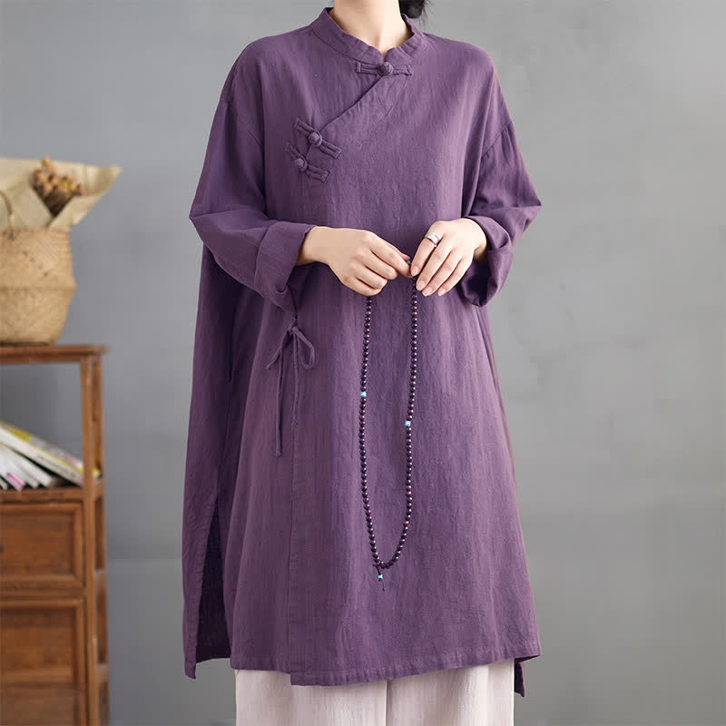 Buddha Stones Camicie da donna a maniche lunghe, stile Tang, vintage, con colletto alla coreana e bottoni a rana, tinta unita, per primavera/autunno. - Viola - US8-10, UK/AU12-14, EU40-42 (2XL) - image 0