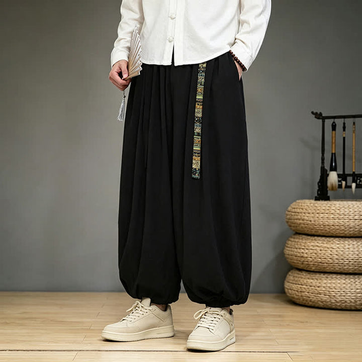 Buddha Stones Pantaloni alla caviglia da uomo in stile cinese, tinta unita, per primavera/estate, modello harem con tasca. - image 2