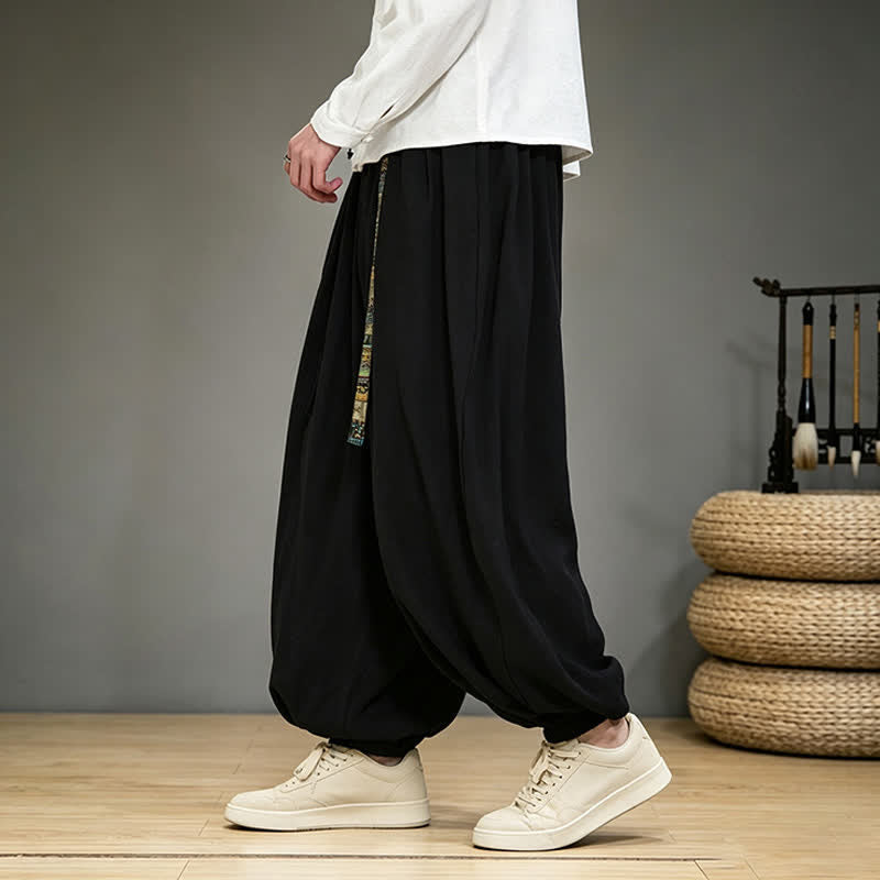 Buddha Stones Pantaloni alla caviglia da uomo in stile cinese, tinta unita, per primavera/estate, modello harem con tasca. - image 3