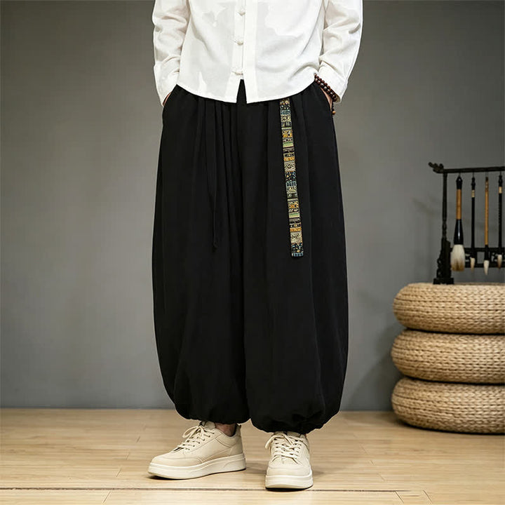 Buddha Stones Pantaloni alla caviglia da uomo in stile cinese, tinta unita, per primavera/estate, modello harem con tasca. - Nero - US/UK/AU46, EU56 (5XL) - image 0