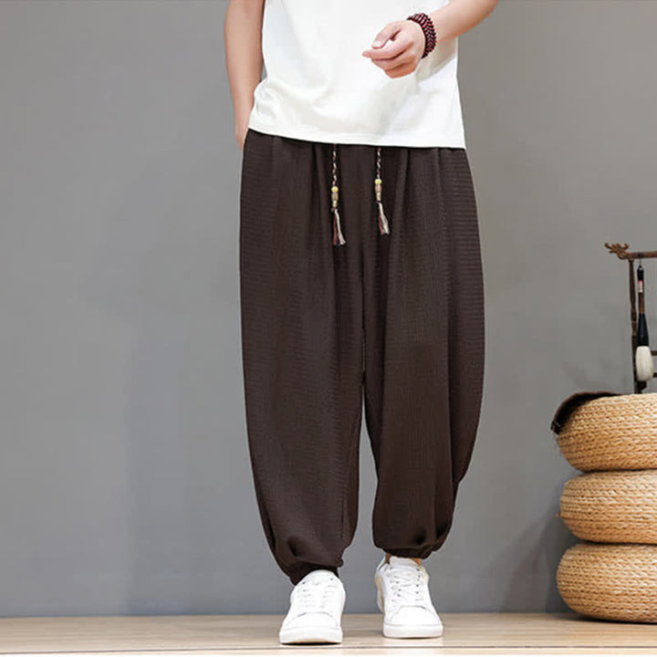 Buddha Stones Pantaloni corti da uomo stile boho casual primavera autunno con coulisse, modello harem con tasca - Marrone sella - US/UK/AU46, EU56 (5XL) - image 0