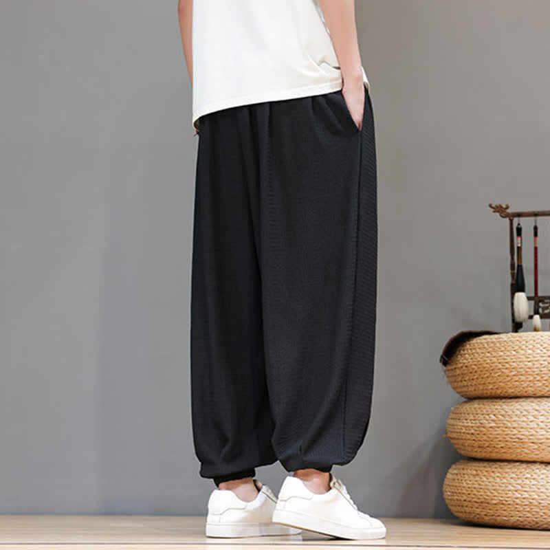 Buddha Stones Pantaloni corti da uomo stile boho casual primavera autunno con coulisse, modello harem con tasca - image 21