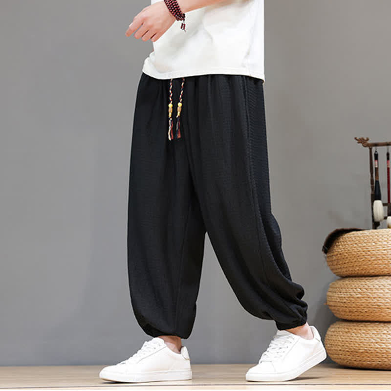 Buddha Stones Pantaloni corti da uomo stile boho casual primavera autunno con coulisse, modello harem con tasca - image 22