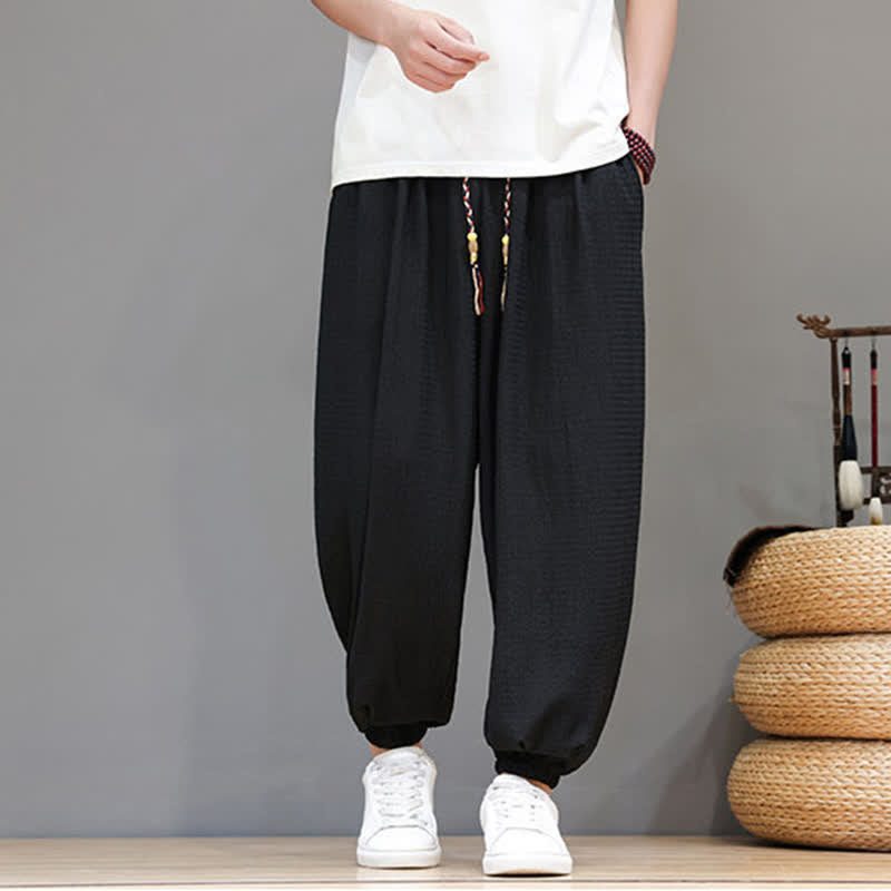 Buddha Stones Pantaloni corti da uomo stile boho casual primavera autunno con coulisse, modello harem con tasca - Nero - US/UK/AU46, EU56 (5XL) - image 16