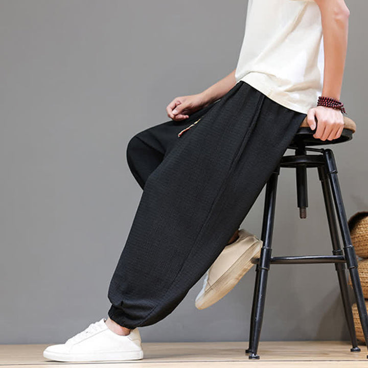 Buddha Stones Pantaloni corti da uomo stile boho casual primavera autunno con coulisse, modello harem con tasca - image 23