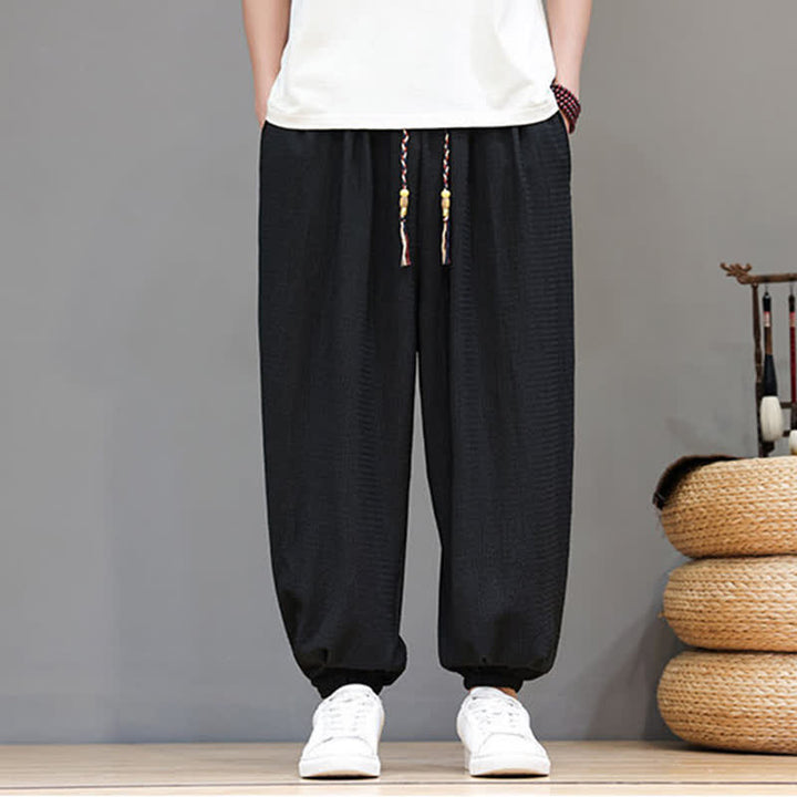 Buddha Stones Pantaloni corti da uomo stile boho casual primavera autunno con coulisse, modello harem con tasca - image 19