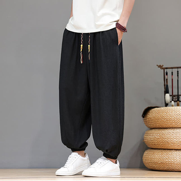 Buddha Stones Pantaloni corti da uomo stile boho casual primavera autunno con coulisse, modello harem con tasca - image 17