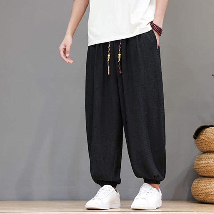 Buddha Stones Pantaloni corti da uomo stile boho casual primavera autunno con coulisse, modello harem con tasca - image 18