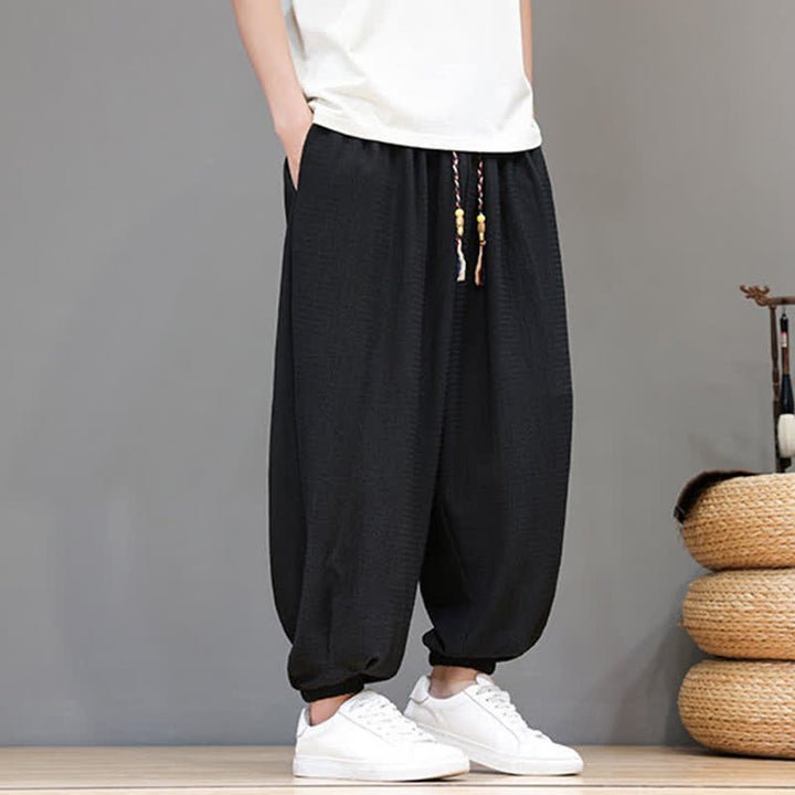 Buddha Stones Pantaloni corti da uomo stile boho casual primavera autunno con coulisse, modello harem con tasca - image 20