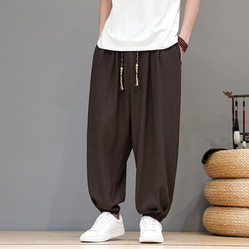 Buddha Stones Pantaloni corti da uomo stile boho casual primavera autunno con coulisse, modello harem con tasca - image 1