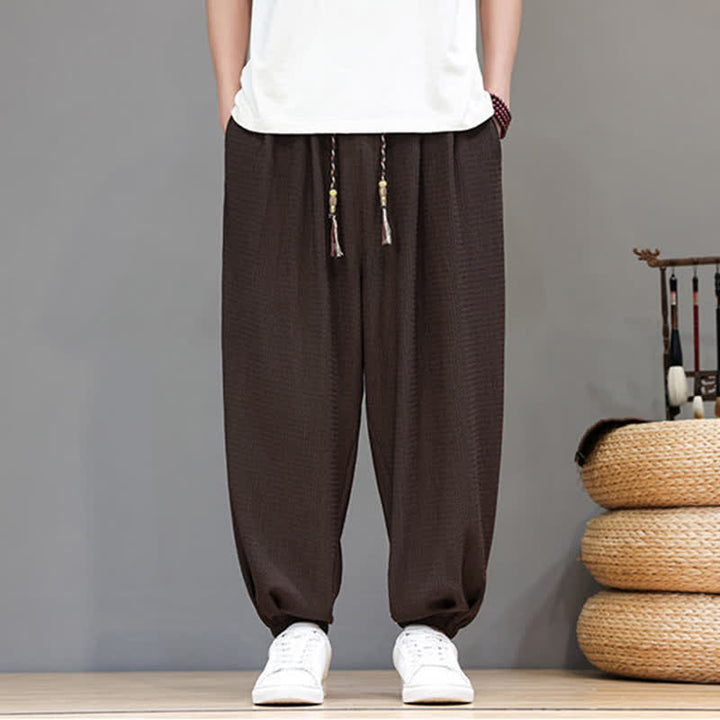 Buddha Stones Pantaloni corti da uomo stile boho casual primavera autunno con coulisse, modello harem con tasca - image 3