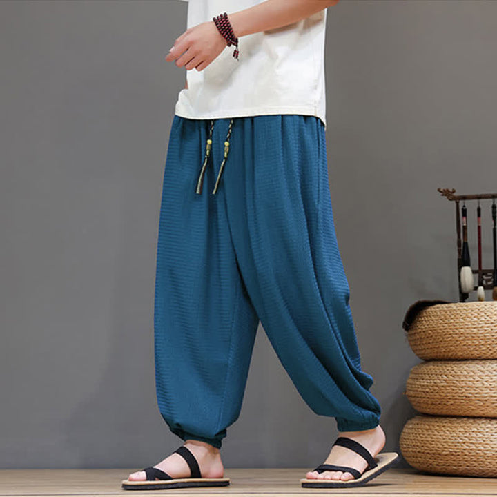 Buddha Stones Pantaloni corti da uomo stile boho casual primavera autunno con coulisse, modello harem con tasca - image 14