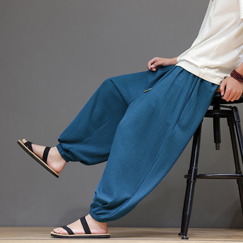Buddha Stones Pantaloni corti da uomo stile boho casual primavera autunno con coulisse, modello harem con tasca - image 15