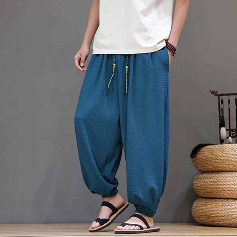 Buddha Stones Pantaloni corti da uomo stile boho casual primavera autunno con coulisse, modello harem con tasca - image 10