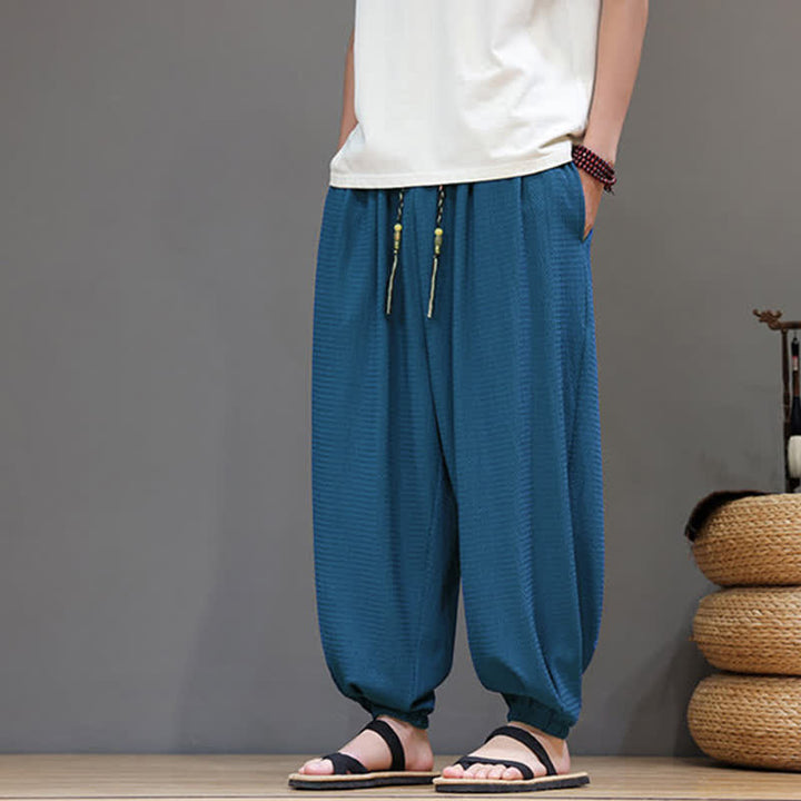 Buddha Stones Pantaloni corti da uomo stile boho casual primavera autunno con coulisse, modello harem con tasca - image 9
