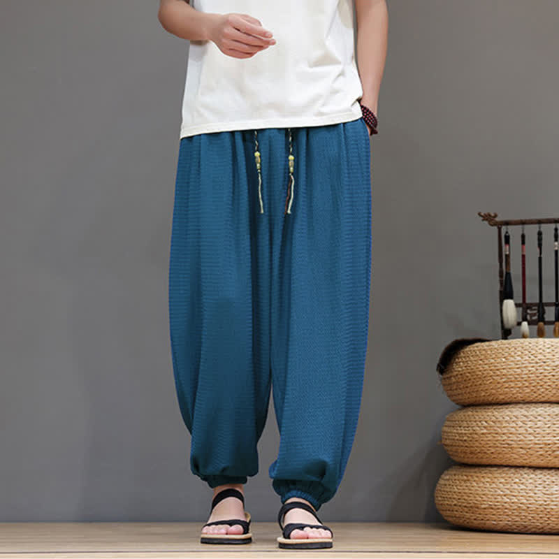 Buddha Stones Pantaloni corti da uomo stile boho casual primavera autunno con coulisse, modello harem con tasca - SteelBlue - US/UK/AU46, EU56 (5XL) - image 8
