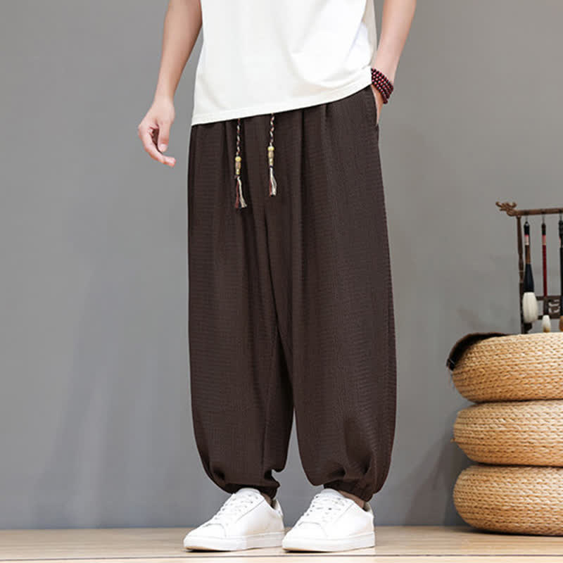 Buddha Stones Pantaloni corti da uomo stile boho casual primavera autunno con coulisse, modello harem con tasca - image 2