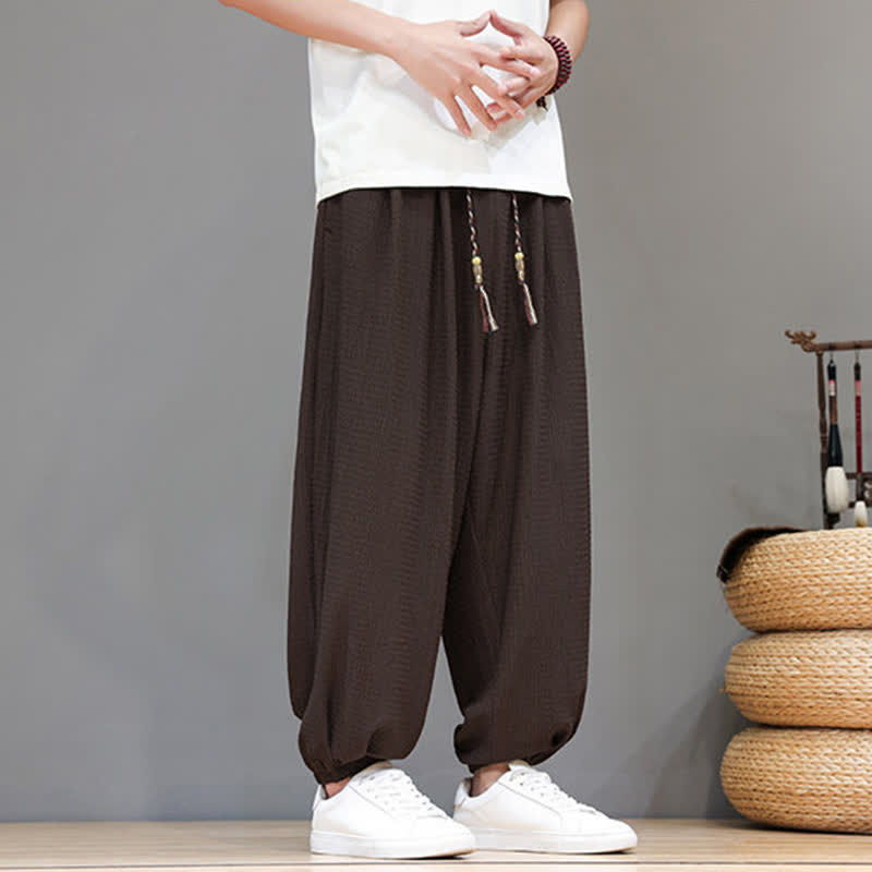 Buddha Stones Pantaloni corti da uomo stile boho casual primavera autunno con coulisse, modello harem con tasca - image 4