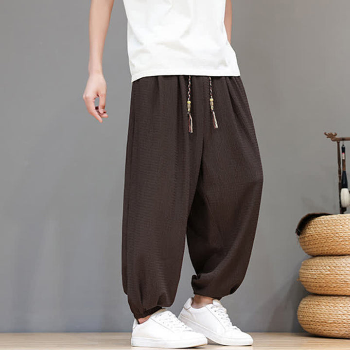 Buddha Stones Pantaloni corti da uomo stile boho casual primavera autunno con coulisse, modello harem con tasca - image 5
