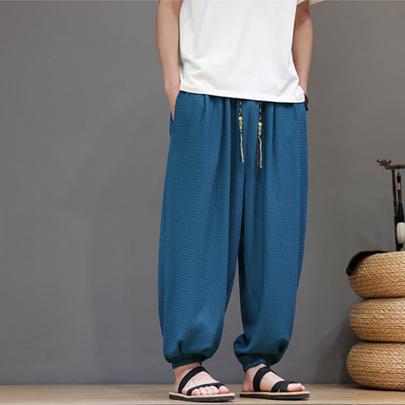 Buddha Stones Pantaloni corti da uomo stile boho casual primavera autunno con coulisse, modello harem con tasca - image 12