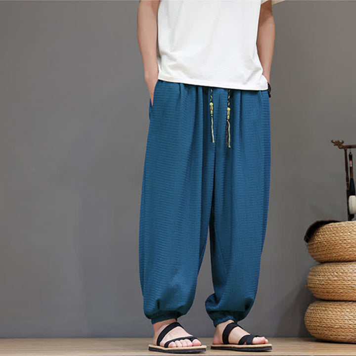 Buddha Stones Pantaloni corti da uomo stile boho casual primavera autunno con coulisse, modello harem con tasca - image 12