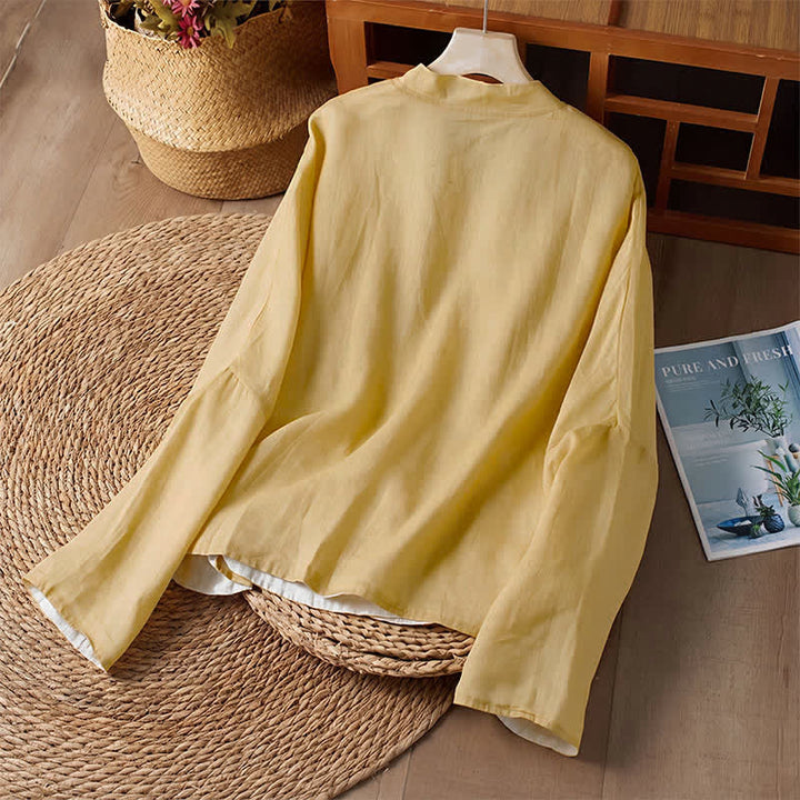 Buddha Stones Camicia da donna a maniche lunghe, stile Tang, casual, con scollo rotondo, tinta unita e reversibile, con tasca, ideale per primavera/autunno. - image 2