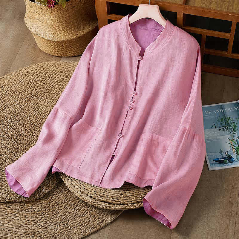 Buddha Stones Camicia da donna a maniche lunghe, stile Tang, casual, con scollo rotondo, tinta unita e reversibile, con tasca, ideale per primavera/autunno. - Rosso viola pallido - US14, UK/AU18, EU46 (2XL) - image 11