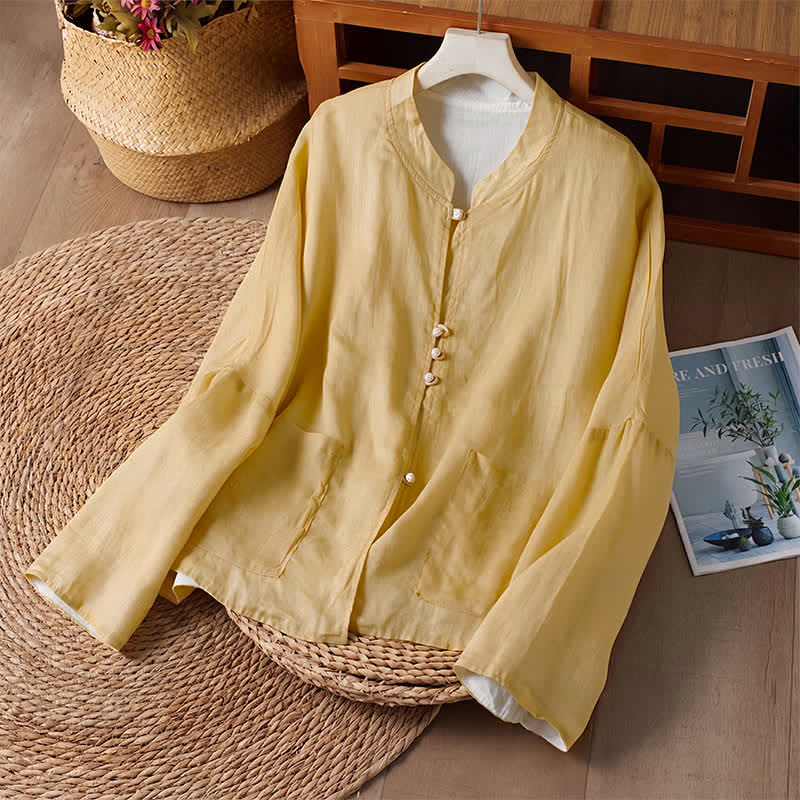Buddha Stones Camicia da donna a maniche lunghe, stile Tang, casual, con scollo rotondo, tinta unita e reversibile, con tasca, ideale per primavera/autunno. - image 1