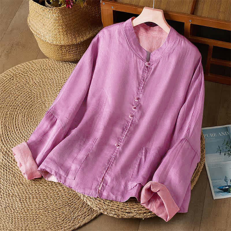 Buddha Stones Camicia da donna a maniche lunghe, stile Tang, casual, con scollo rotondo, tinta unita e reversibile, con tasca, ideale per primavera/autunno. - image 13