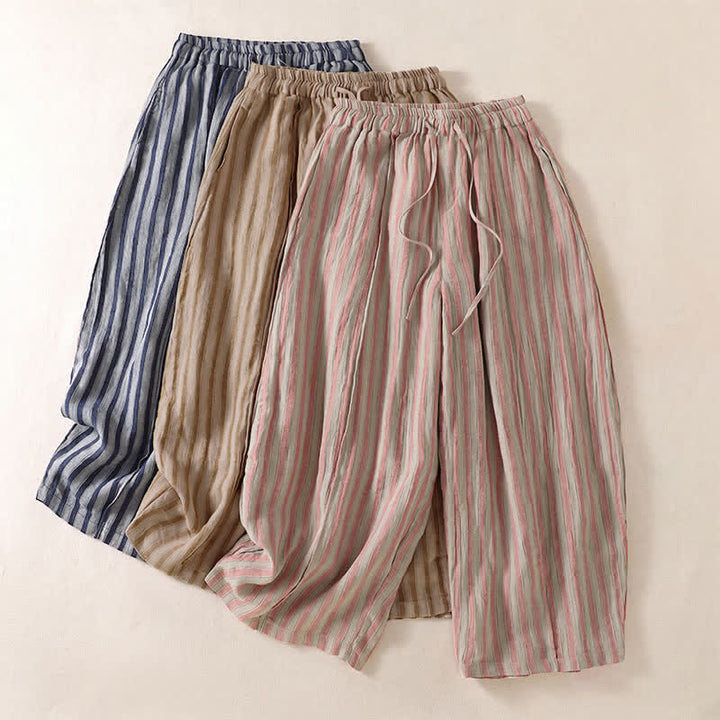 Buddha Stones Pantaloni corti da donna a righe stile boho con coulisse, casual, primavera/estate, modello harem con tasca. - image 24