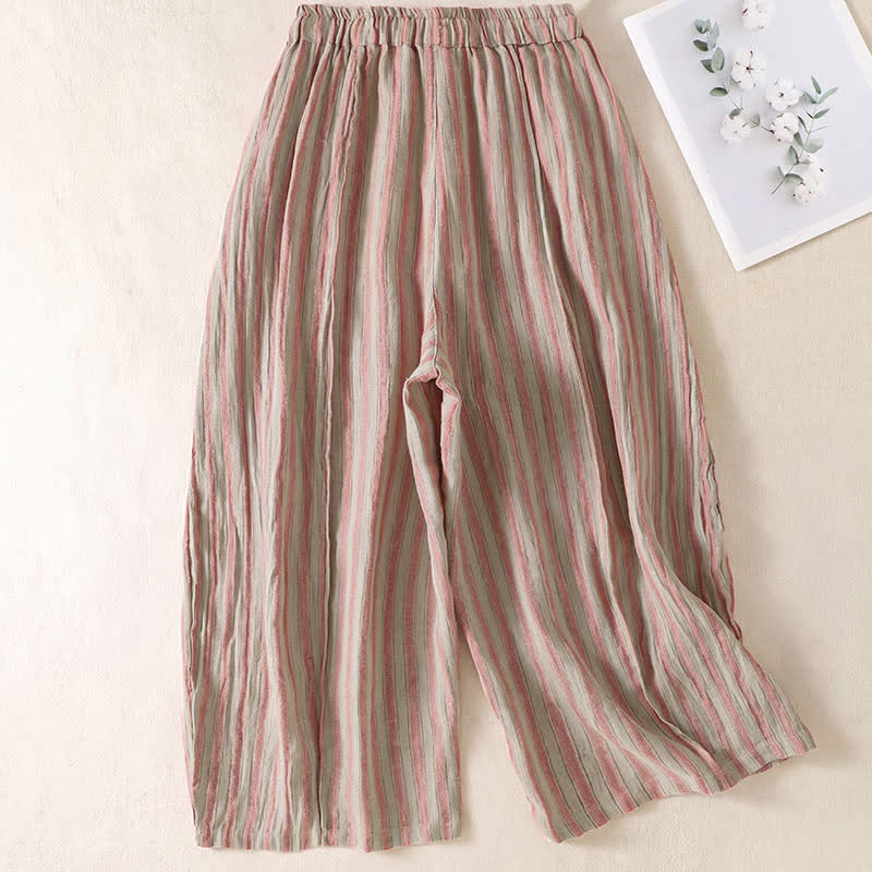 Buddha Stones Pantaloni corti da donna a righe stile boho con coulisse, casual, primavera/estate, modello harem con tasca. - image 7