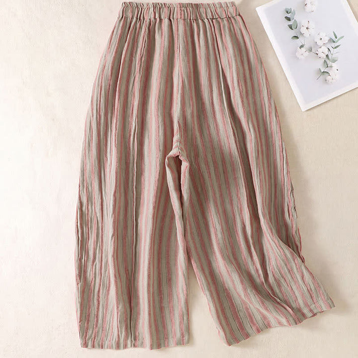 Buddha Stones Pantaloni corti da donna a righe stile boho con coulisse, casual, primavera/estate, modello harem con tasca. - image 7