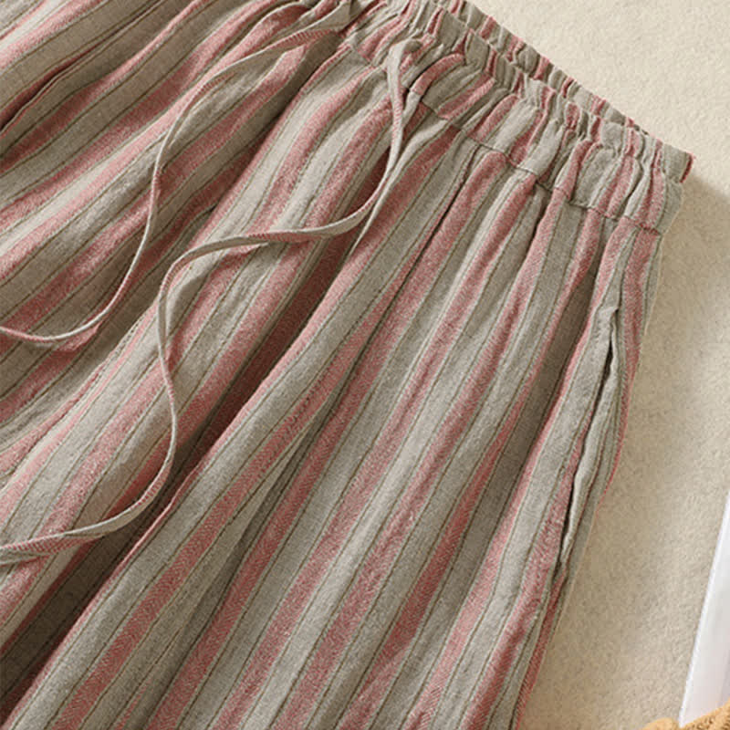 Buddha Stones Pantaloni corti da donna a righe stile boho con coulisse, casual, primavera/estate, modello harem con tasca. - image 11
