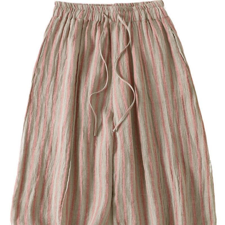 Buddha Stones Pantaloni corti da donna a righe stile boho con coulisse, casual, primavera/estate, modello harem con tasca. - image 8