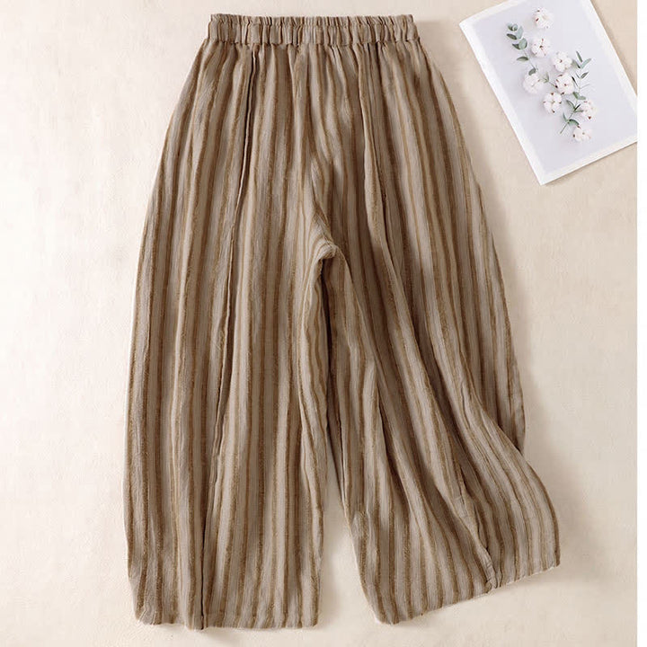 Buddha Stones Pantaloni corti da donna a righe stile boho con coulisse, casual, primavera/estate, modello harem con tasca. - image 1