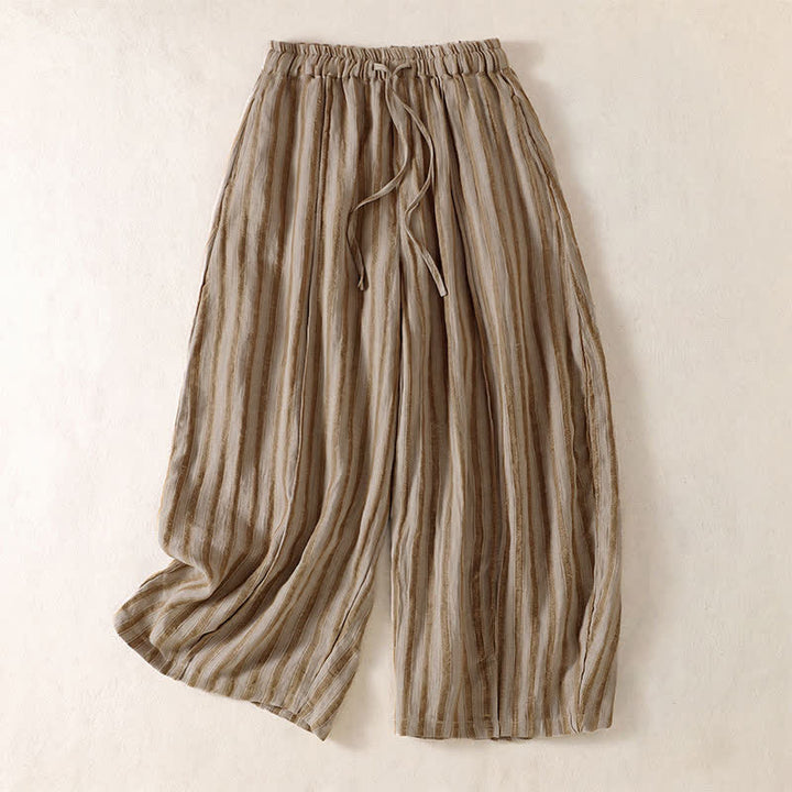 Buddha Stones Pantaloni corti da donna a righe stile boho con coulisse, casual, primavera/estate, modello harem con tasca. - Tan - US8-10, UK/AU12-14, EU40-42 (2XL) - image 0