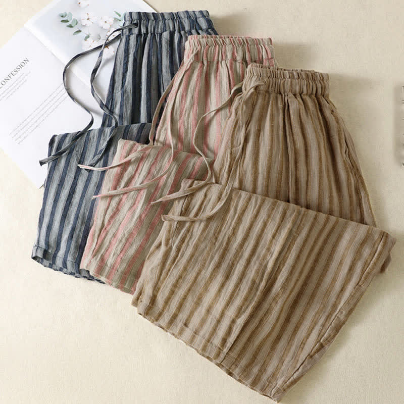 Buddha Stones Pantaloni corti da donna a righe stile boho con coulisse, casual, primavera/estate, modello harem con tasca. - image 25