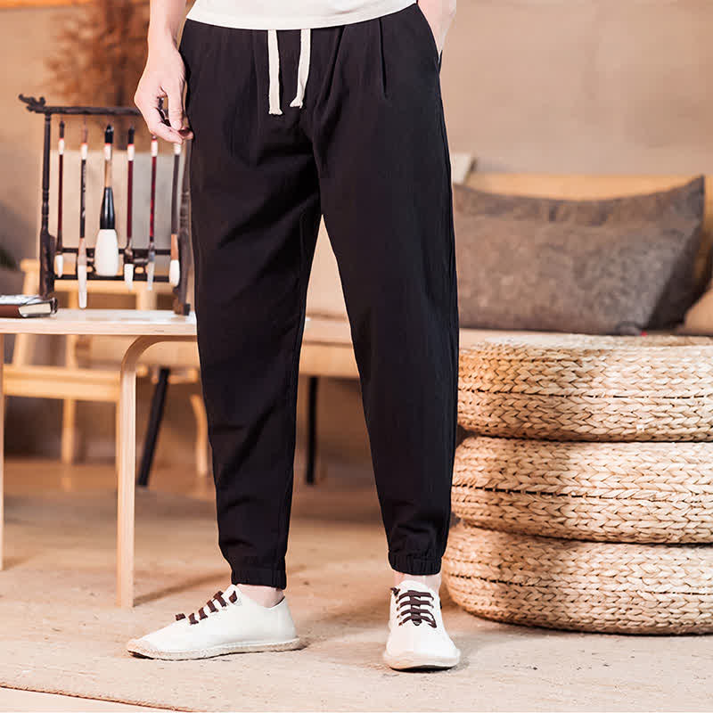 Buddha Stones Pantaloni corti da uomo casual minimalisti con coulisse, tinta unita, primavera estate, modello affusolato con tasca. - image 22