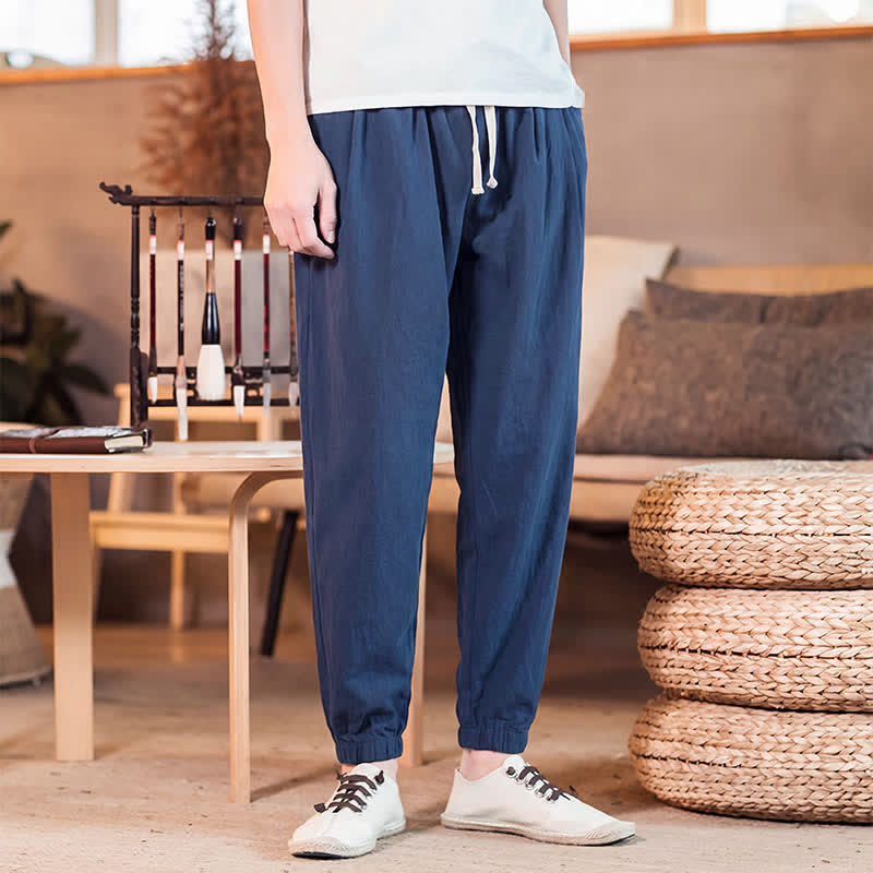 Buddha Stones Pantaloni corti da uomo casual minimalisti con coulisse, tinta unita, primavera estate, modello affusolato con tasca. - image 1
