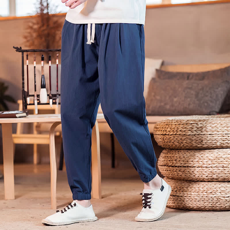 Buddha Stones Pantaloni corti da uomo casual minimalisti con coulisse, tinta unita, primavera estate, modello affusolato con tasca. - Blu mezzanotte - US/UK/AU46, EU56 (5XL) - image 0